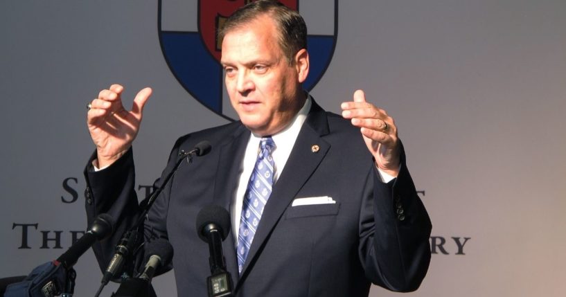 Albert Mohler, president of Southern Baptist Theological Seminary, speaks to reporters on Monday, Oct. 5, 2015, about a conference in Louisville, focusing on homosexuality and how to offer pastoral care to gays.