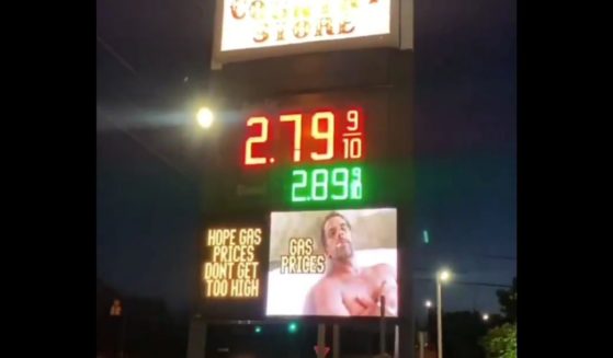 A gas station sign displays an image mocking Hunter Biden.