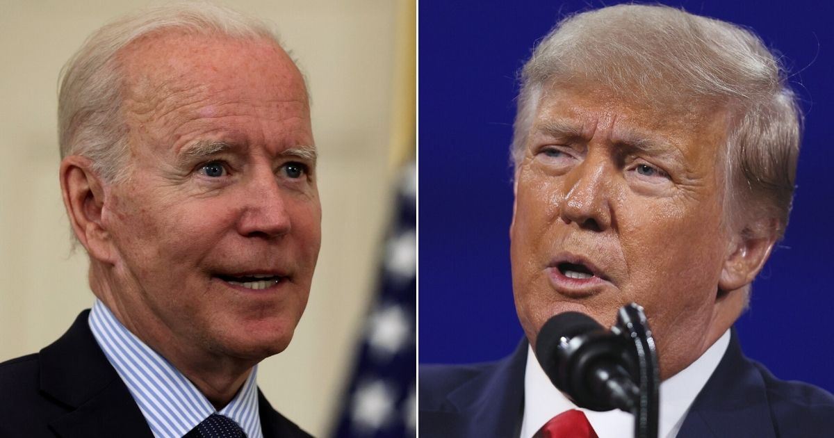 At left, President Joe Biden speaks in the State Dining Room of the White House in Washington on Tuesday. At right, former President Donald Trump addresses the Conservative Political Action Conference at the Hyatt Regency in Orlando, Florida, on Feb. 28.