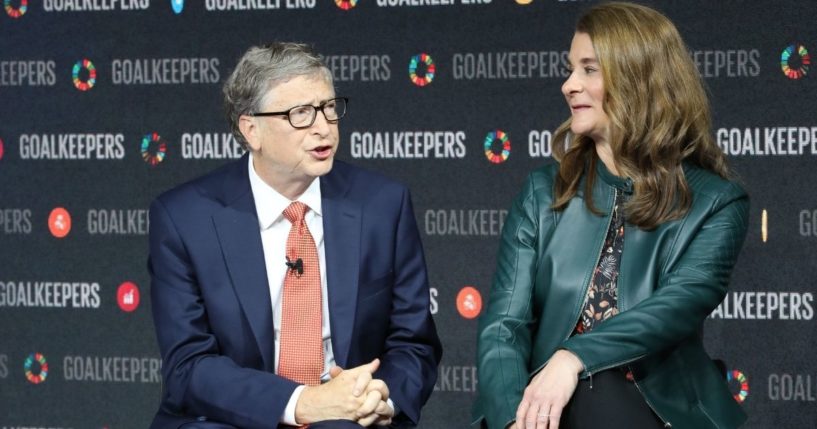 Bill Gates, left, and Melinda Gates speak during the Goalkeepers event at the Lincoln Center on Sept. 26, 2018, in New York.