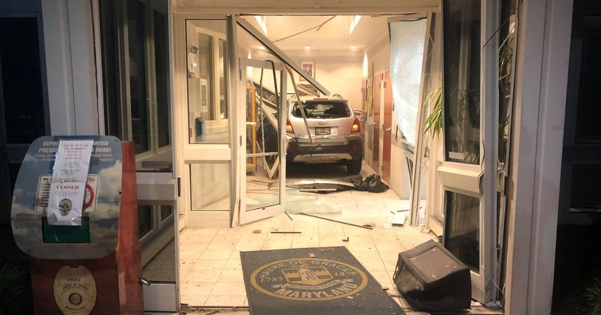 A man crashed his vehicle through the police station in Havre de Grace, Maryland.