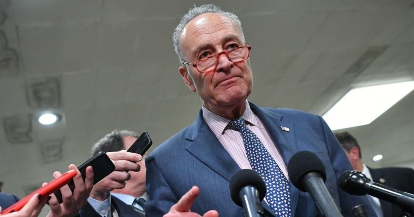 Senate Majority Leader Chuck Shumer is surrounded by media after a closed-door briefing at the U.S. Capitol in Washington, D.C., on May 21, 2019.