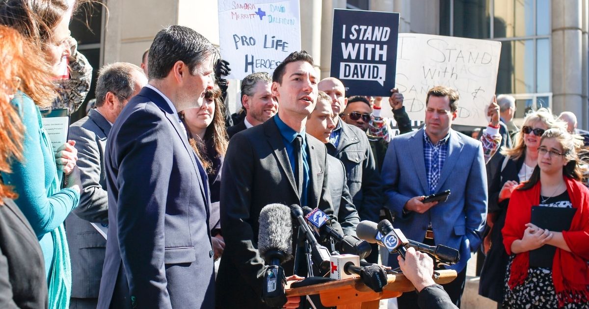 David Daleiden, a defendant in an indictment stemming from a Planned Parenthood video, speaks to the media after appearing in court at the Harris County Courthouse on Feb. 4, 2016, in Houston.