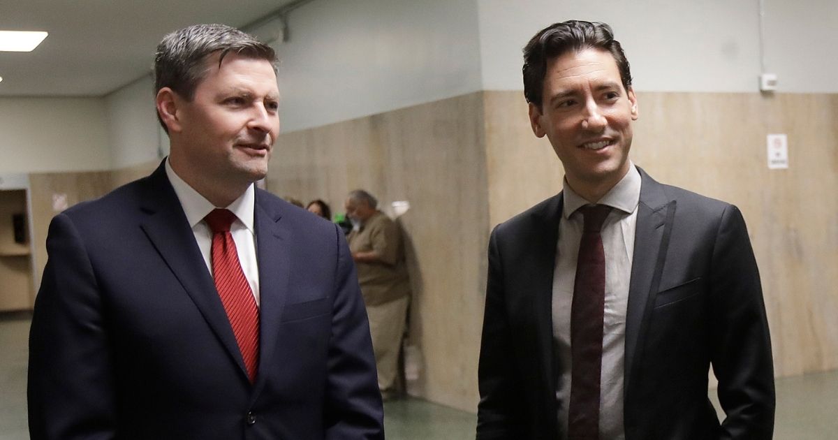 Pro-life activist David Daleiden, right, and one of his attorneys, Peter Breen, are pictured outside of a courtroom in San Francisco on Feb. 11, 2019.