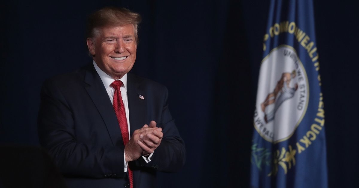 Former President Donald Trump speaks to guests during the Joint Opening Ceremony at the American Veterans (AMVETS) 75th National Convention at the Galt House on August 21, 2019, in Louisville, Kentucky.