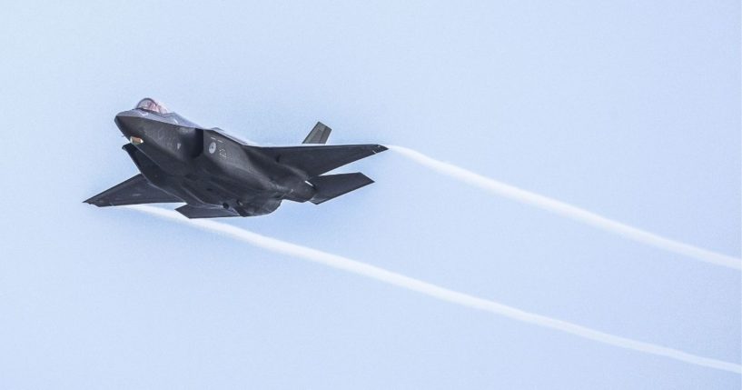 An F-35 military aircraft of the Royal Netherlands Air Force trains on targets at the NATO training location at the Vliehors Range on Vlieland.