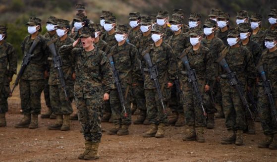 Female United States Marine Corps recruits from Lima Company, the first gender integrated training class, are pictured on April 22, 2021, at Camp Pendleton in San Diego County, California.