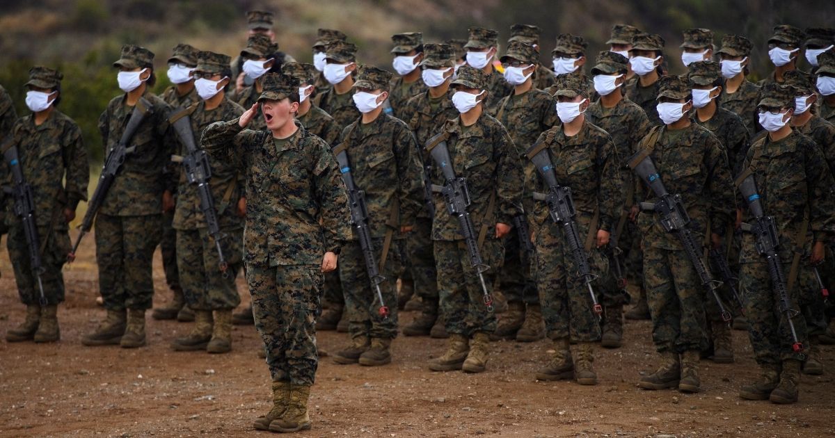 Female United States Marine Corps recruits from Lima Company, the first gender integrated training class, are pictured on April 22, 2021, at Camp Pendleton in San Diego County, California.