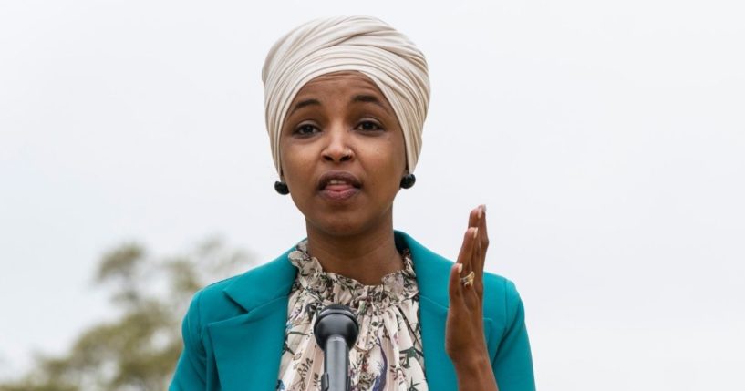 Democratic Rep. Ilhan Omar of Minnesota speaks during a news conference on April 9, 2021 in Washington, D.C.