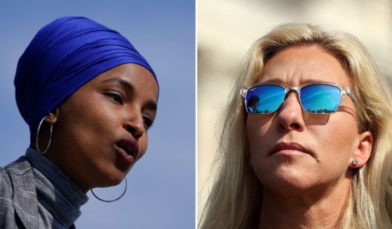 On Tuesday, appearing on national television with CNN’s Anderson Cooper, Rhode Island Democratic Rep. David Cicilline ripped Republicans for their supposed support of Georgia GOP Rep. Marjorie Taylor Greene, right, and denied that the Democratic Party has an anti-Semitism problem, despite the presence of Minnesota Democratic Rep. Ilhan Omar, left.