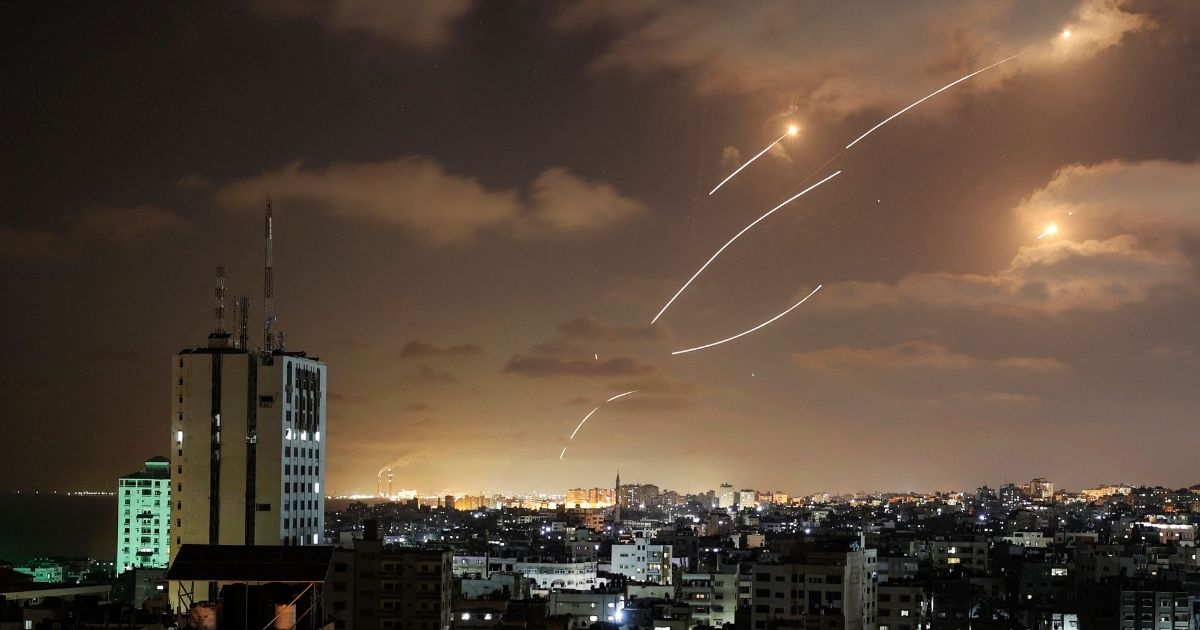 Rockets launched from the Gaza Strip are intercepted by Israel's Iron Dome aerial defense system on May 12.