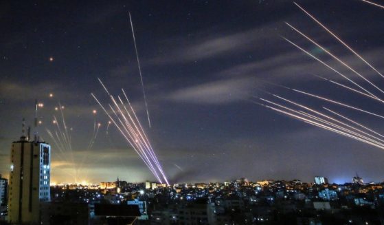 Israel's Iron Dome missile defense system intercepts rockets fired by Hamas terrorists toward southern Israel from the northern Gaza Strip.