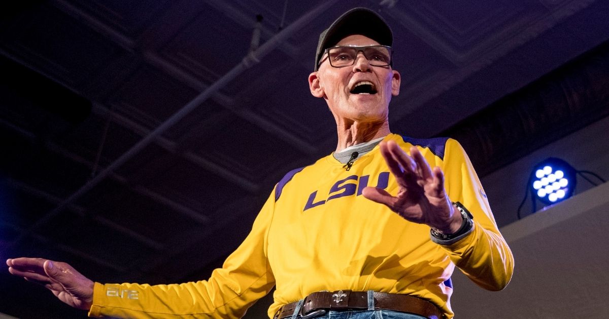 James Carville, a political commentator known for leading former President Bill Clinton's 1992 presidential campaign speaks at the Spotlight Room at the Palace on Feb. 8, 2020, in Manchester, New Hampshire.