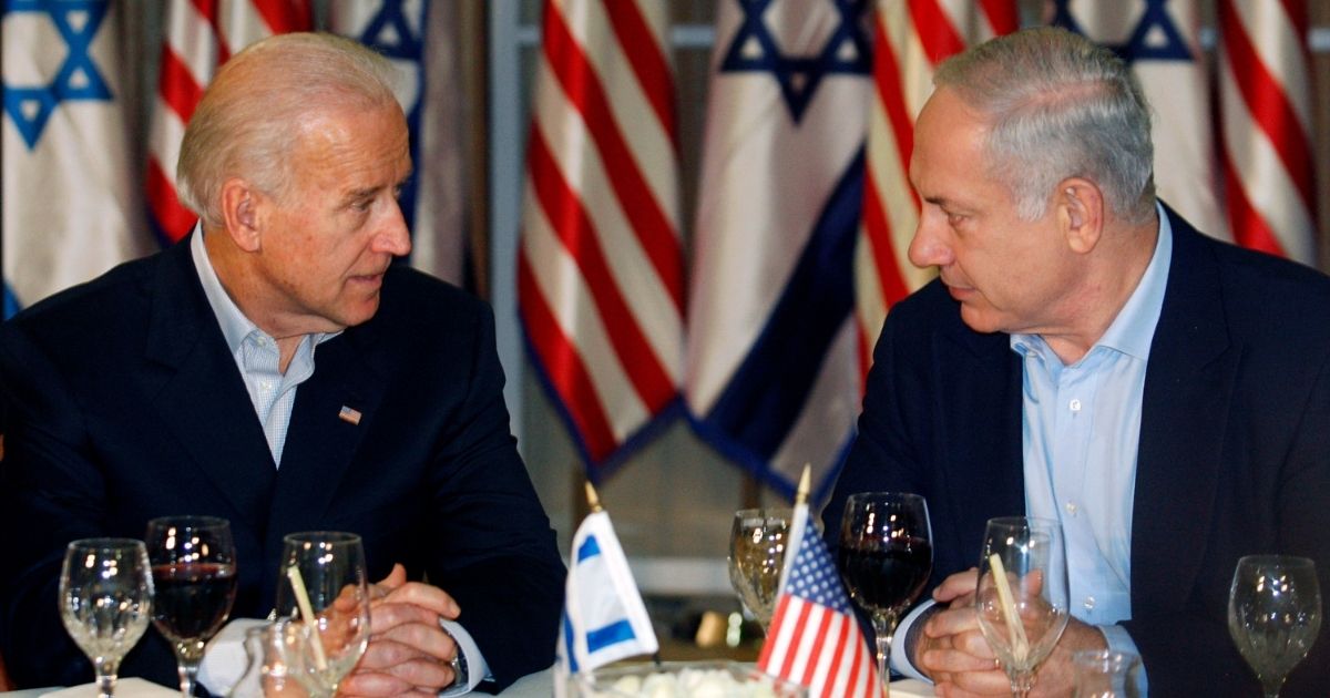 Then-Vice President Joe Biden sits with Israeli Prime Minister Benjamin Netanyahu before a dinner at the prime minister's residence on March 9, 2010, in Jerusalem, Israel.