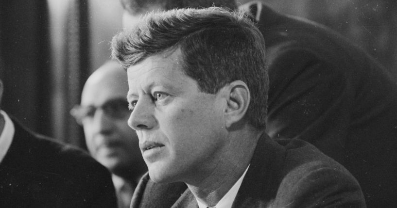 Democratic Sen. John F. Kennedy of Massachusetts listens to testimony during the McClellan Committee's investigation of the Teamsters Union in Washington, D.C., on Feb. 26, 1957.