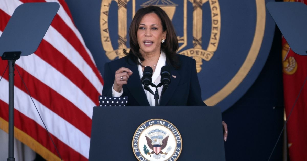 Vice President Kamala Harris delivers remarks at the U.S. Naval Academy Graduation and Commissioning Ceremony at the Naval Academy on Friday in Annapolis, Maryland.