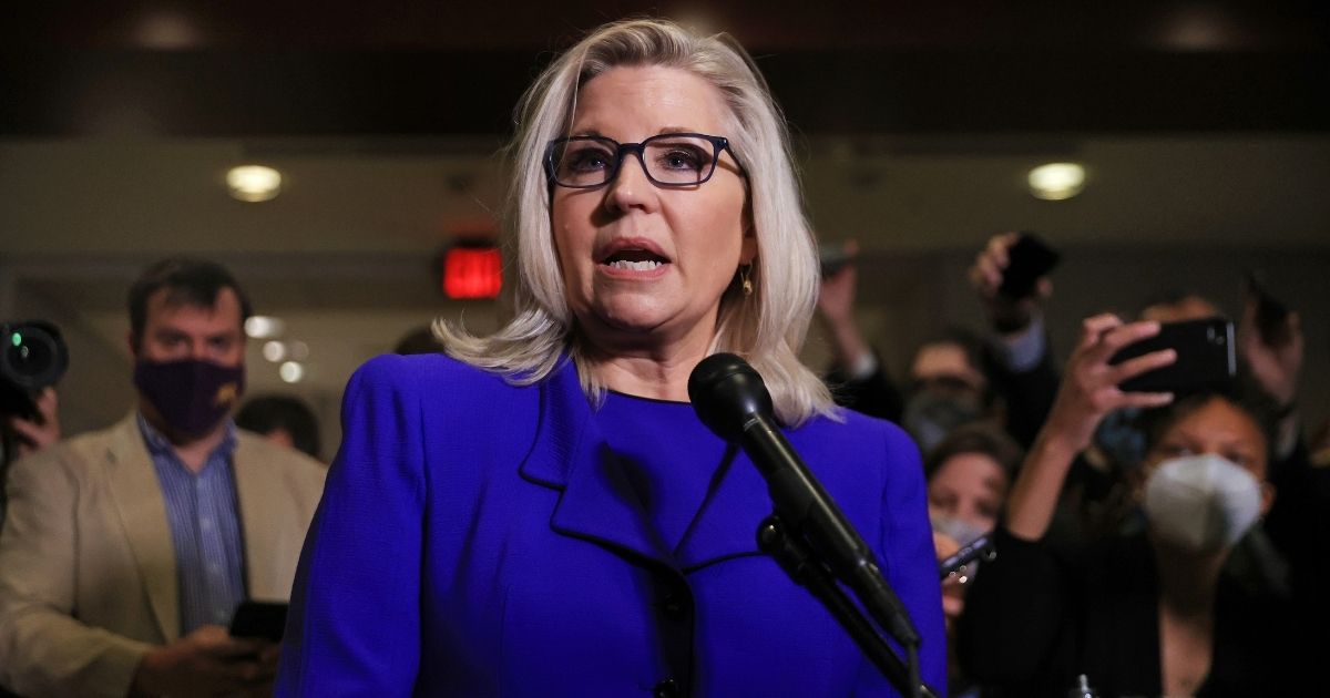 Rep. Liz Cheney talks to reporters after House Republicans voted to remove her as conference chair in the U.S. Capitol on Wednesday in Washington, D.C.