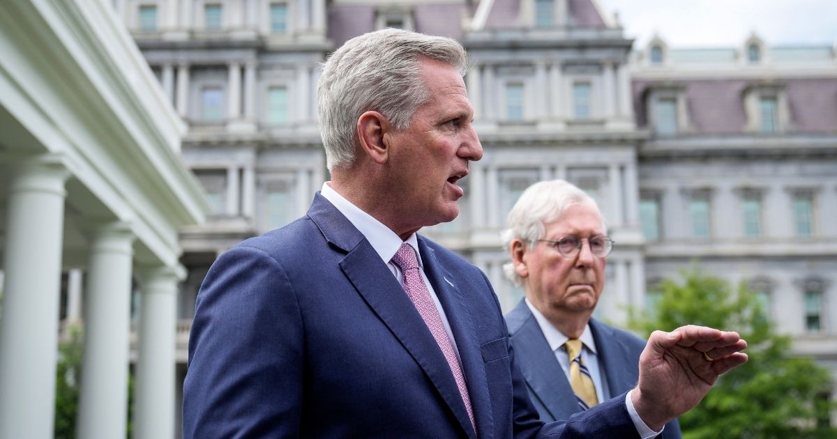 House Minority Leader Kevin McCarthy, left, and Senate Minority Leader Mitch McConnell, right, address reporters outside the White House after their Oval Office meeting with President Joe Biden on Tuesday in Washington, D.C.