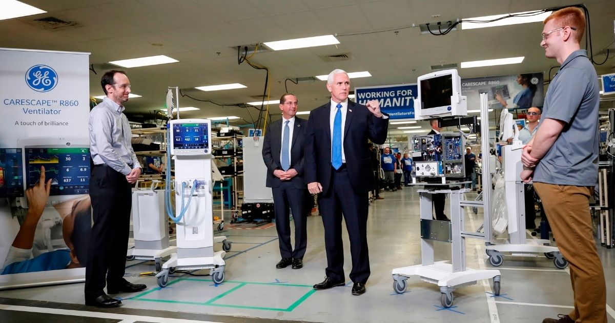 Then-Vice President Mike Pence tours GE Healthcare Manufacturing Facility in Madison, Wisconsin, on April 21, 2020.