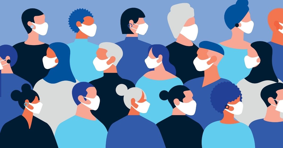 Pictured above is an illustration with people of different sexes and ethnic backgrounds all wearing face masks.