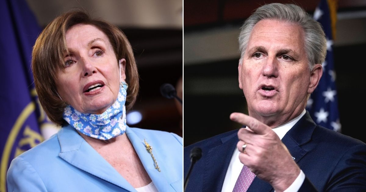 At left, House Nancy Pelosi answers questions during a news conference at the U.S. Capitol in Washington on Wednesday. At right, House Minority Leader Kevin McCarthy speaks during his weekly news conference at the Capitol on April 22.