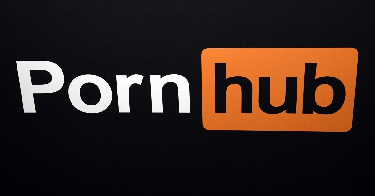 A Pornhub logo is displayed at the company's booth at the 2018 AVN Adult Entertainment Expo at the Hard Rock Hotel & Casino on Jan. 24, 2018, in Las Vegas.