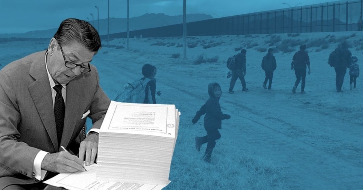 Former President Ronald Reagan signs a piece of legislation. The Immigration Reform and Control Act of 1986 sanctioned the hiring of illegal immigrants and offered amnesty to 2.7 million undocumented residents who had arrived prior to 1982 and were willing to pay back taxes.