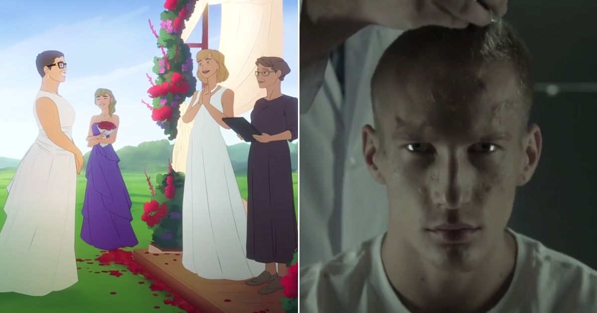 At left, a U.S. Army recruitment video features a lesbian wedding. At right, a young man has his hair cut off in a Russian recruitment video.