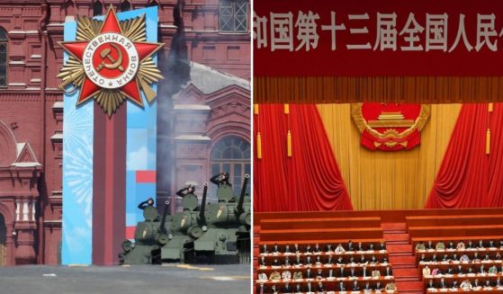 The Victory Day Parade at Red Square, left, is pictured in Moscow, Russia, on Friday; The Second Plenary Meeting of the National People's Congress at The Great Hall of People is underway on May 25, 2020, in Beijing, China.