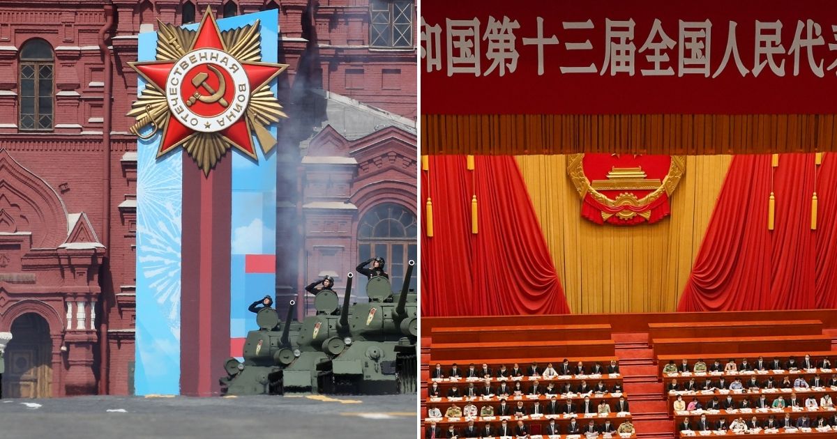 The Victory Day Parade at Red Square, left, is pictured in Moscow, Russia, on Friday; The Second Plenary Meeting of the National People's Congress at The Great Hall of People is underway on May 25, 2020, in Beijing, China.