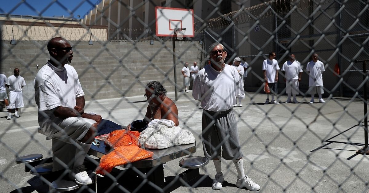 Death row inmates are seen in an exercise yard at San Quentin State Prison in California on Aug. 15, 2016.