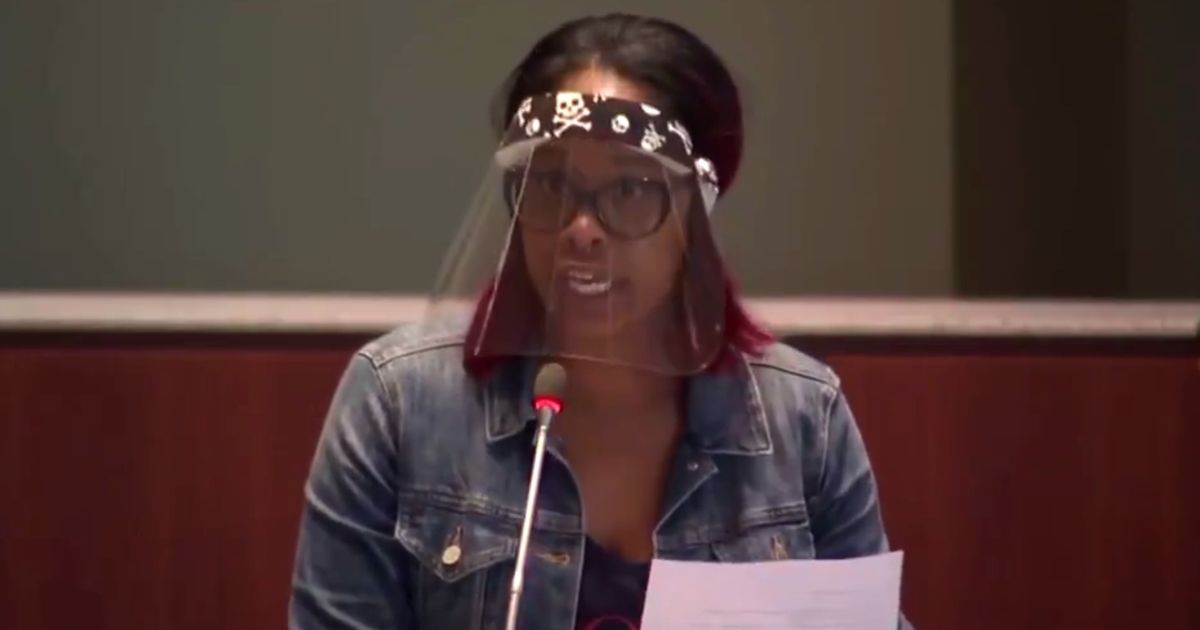 Shawntel Cooper speaks about critical race theory at a school board meeting in Loudoun County, Virginia.