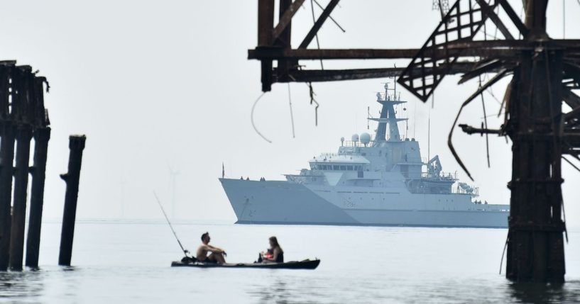The HMS Severn, an offshore patrol vessel of the British Royal Navy, is anchored off the West Pier in Brighton on May 8, 2020.