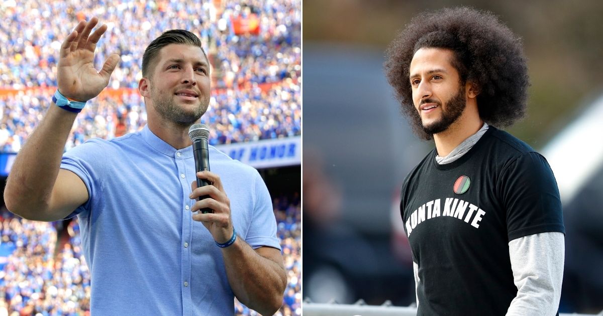 At left, former Florida Gator Tim Tebow speaks to fans after he was inducted in the Ring of Honor at Florida Field in Gainesville on Oct. 6, 2018. At right, Colin Kaepernick arrives for a workout for NFL football scouts and media in Riverdale, Georgia, on Nov. 16, 2019.