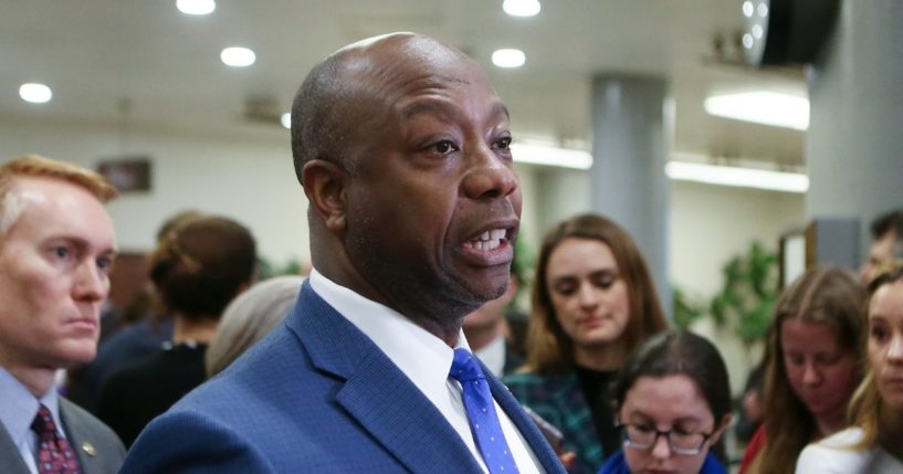Republican Sen. Tim Scott of South Carolina speaks to reporters on Capitol Hill after impeachment trial proceedings against President Donald Trump adjourned for the day on Jan. 25, 2020, in Washington, D.C.