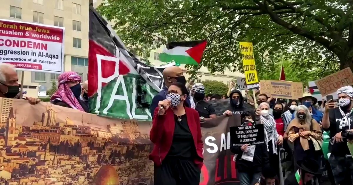 Michigan Democratic Rep. Rashida Tlaib speaks at a "Free Palestine" rally in Washington on Wednesday.