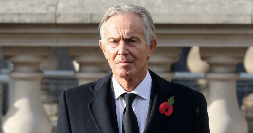 Former British Prime Minister Tony Blair is pictured during the National Service of Remembrance at The Cenotaph on Nov. 8, 2020, in London.