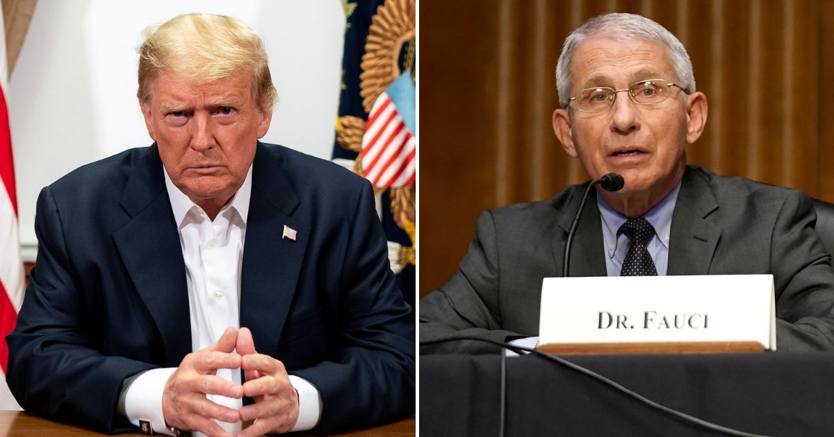 Former President Donald Trump, left, participates in a phone call with members of his administration in Bethesda, Maryland, on Oct. 4, 2020; Director of the National Institute of Allergy and Infectious Diseases Dr. Anthony Fauci, right, speaks during a Senate committee hearing on Tuesday in Washington, D.C.