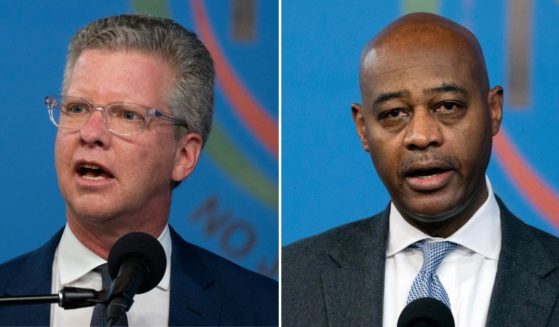 New York City mayoral candidates Shaun Donovan, left, and Ray McGuire, right, speak during a news conference at the National Action Network in New York on March 18, 2021.
