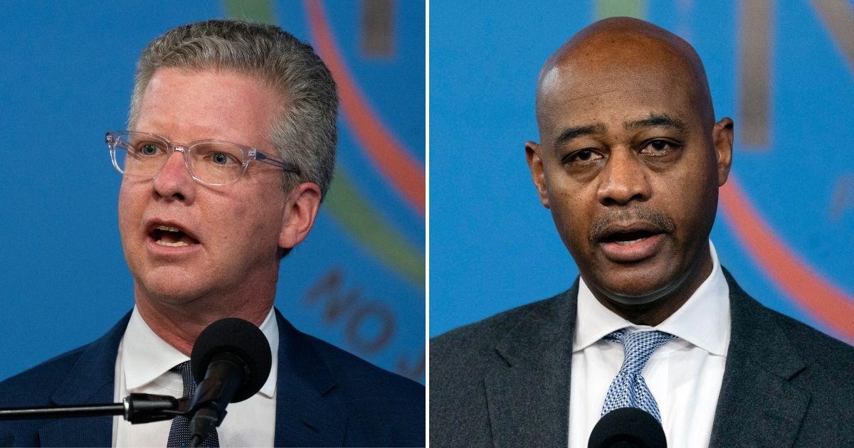 New York City mayoral candidates Shaun Donovan, left, and Ray McGuire, right, speak during a news conference at the National Action Network in New York on March 18, 2021.