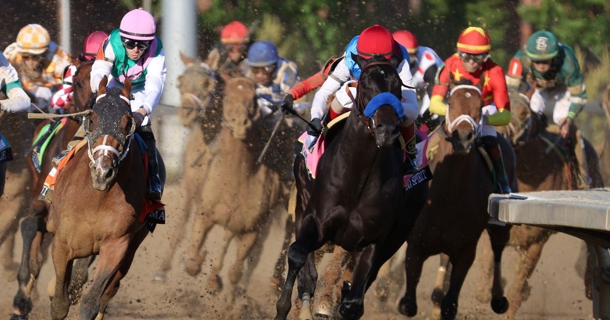 Medina Spirit leads the field on the way to victory in the May 1 Kentucky Derby.