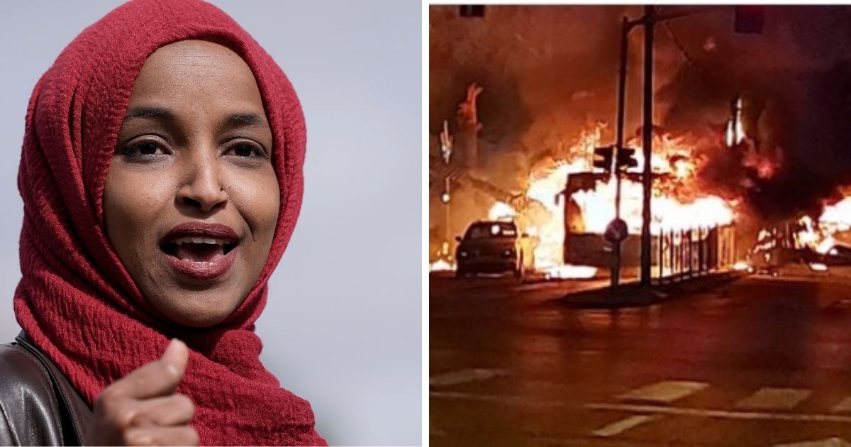 U.S. Rep. Ilhan Omar, left; a burning bus hit by a rocket in Israel, right.