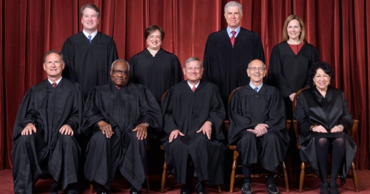 The U.S. Supreme Court, as composed from Oct. 27, 2020, to present. Front row, left to right: Associate Justice Samuel A. Alito, Jr., Associate Justice Clarence Thomas, Chief Justice John G. Roberts, Jr., Associate Justice Stephen G. Breyer, and Associate Justice Sonia Sotomayor. Back row, left to right: Associate Justice Brett M. Kavanaugh, Associate Justice Elena Kagan, Associate Justice Neil M. Gorsuch, and Associate Justice Amy Coney Barrett.