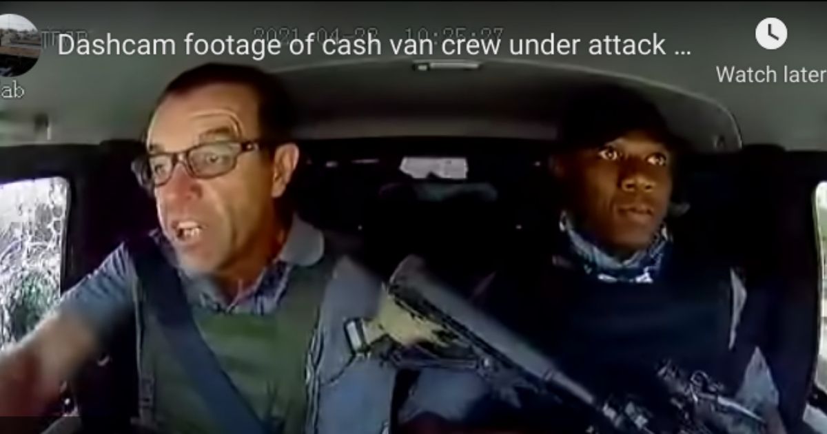 Dash-cam footage from an armored security van shows Lee Prinsloo and Lloyd Mthombeni responding to an attempted heist by robbers wielding automatic weapons in South Africa in May 2021.