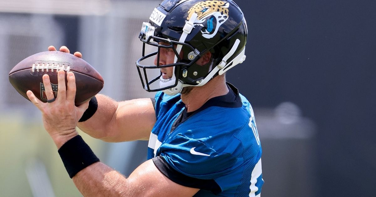 Tim Tebow makes a catch during a Jacksonville Jaguars' practice on May 27, 2021, in Jacksonville, Florida.
