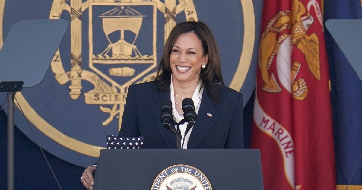 Vice President Kamala Harris speaks Friday at the graduation and commission ceremony at the U.S. Naval Academy in Annapolis, Md.