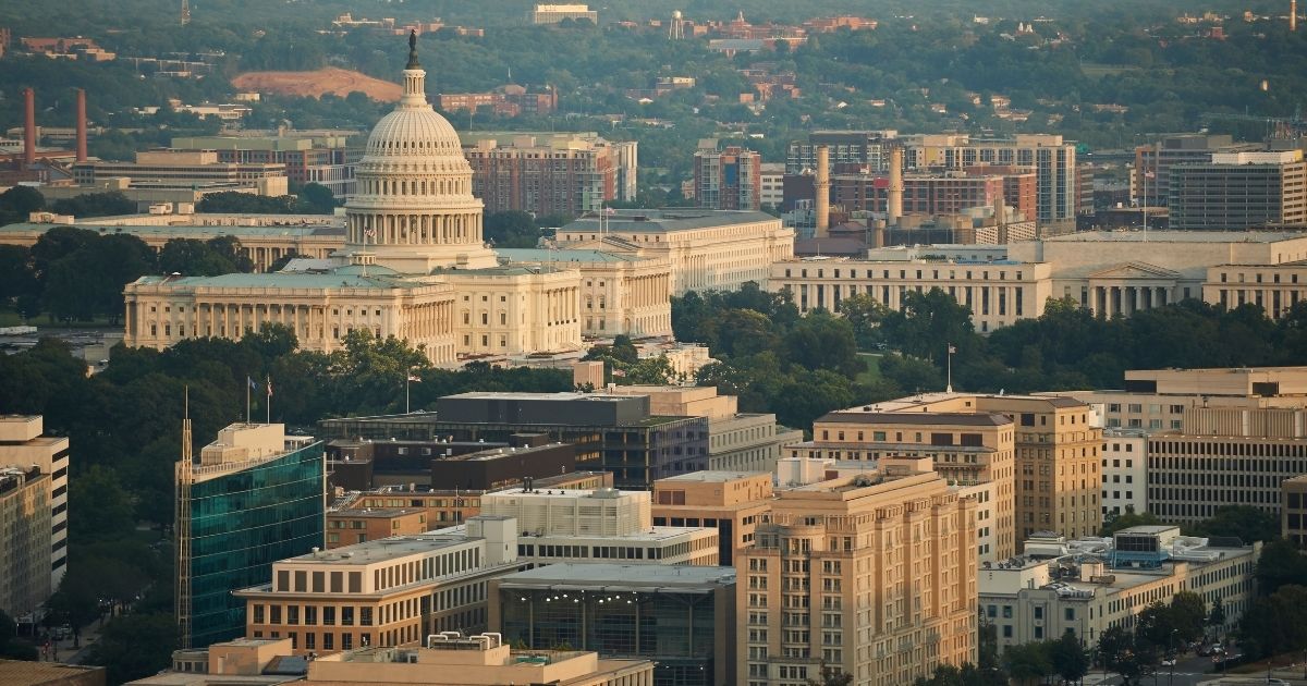 In this stock photo, an aerial view of the U.S. Capitol and the Federal Triangle is depicted in Washington, D.C.