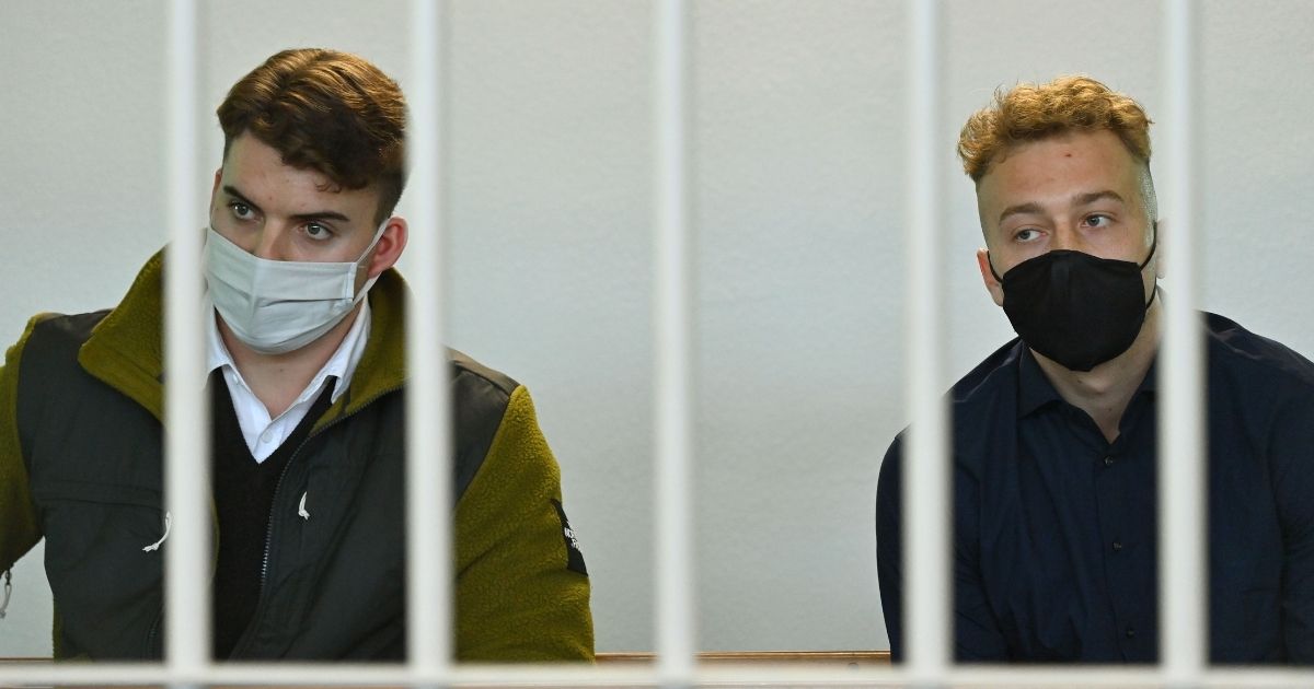 Finnegan Lee Elder, right, and Gabriel Natale-Hjorth, left, the two American men convicted of killing an Italian police officer, attend a hearing during their trial in Rome on March 1, 2021.