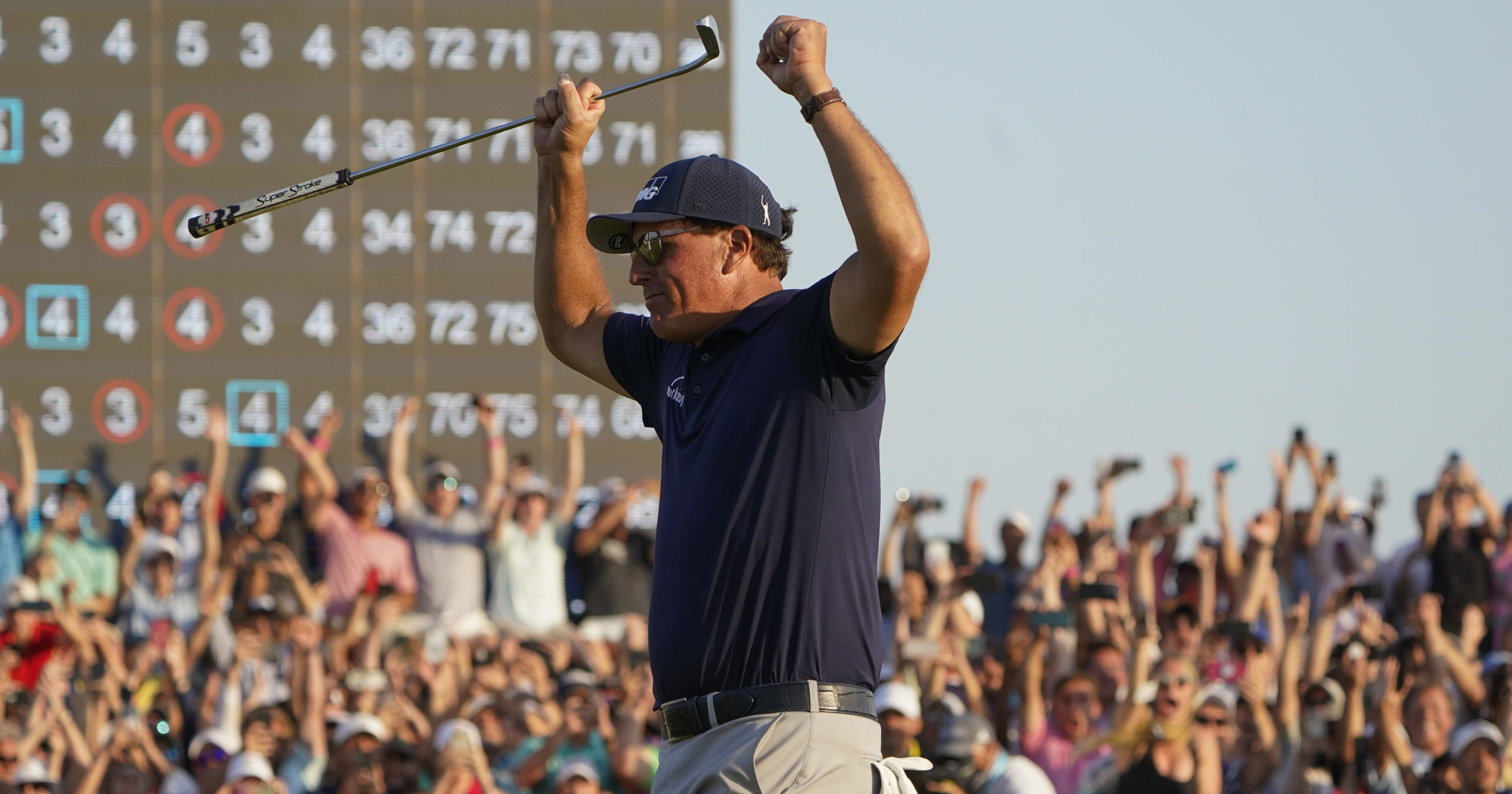 Phil Mickelson celebrates after winning the final round of the PGA Championship on the Ocean Course at Kiawah Island, South Carolina, on Sunday.