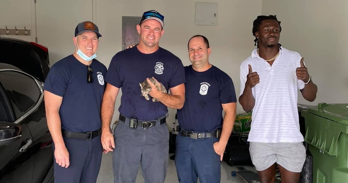The three firefighters who rescued the kitten that NFL player Isaac Yiadom discovered stuck under his Maserati.